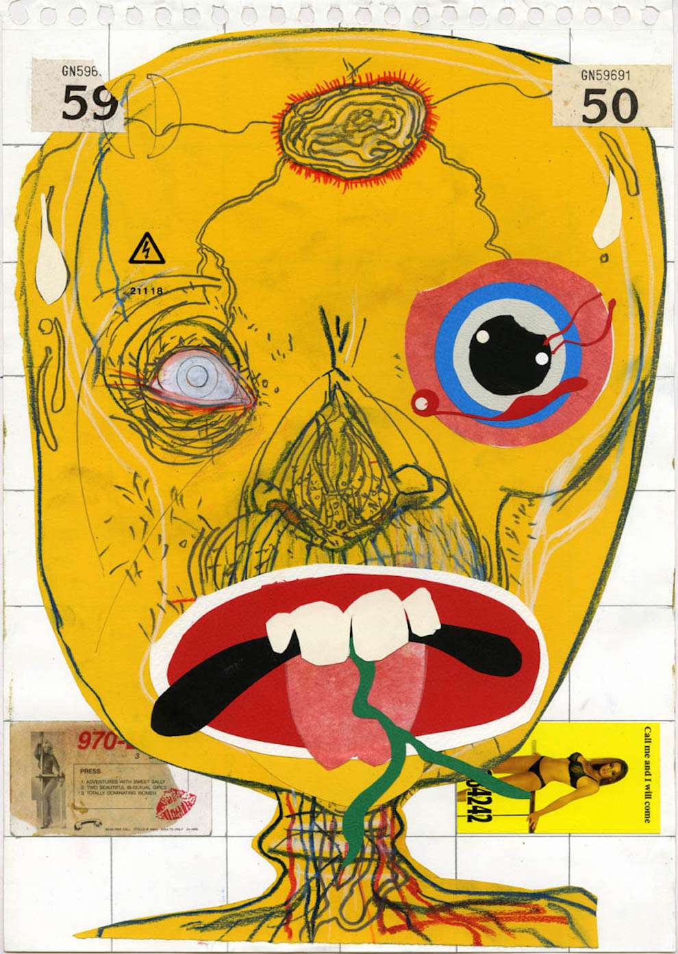 David Hughes, Collage and hand-drawn illustration of a surreal orange face. No, not trump. 